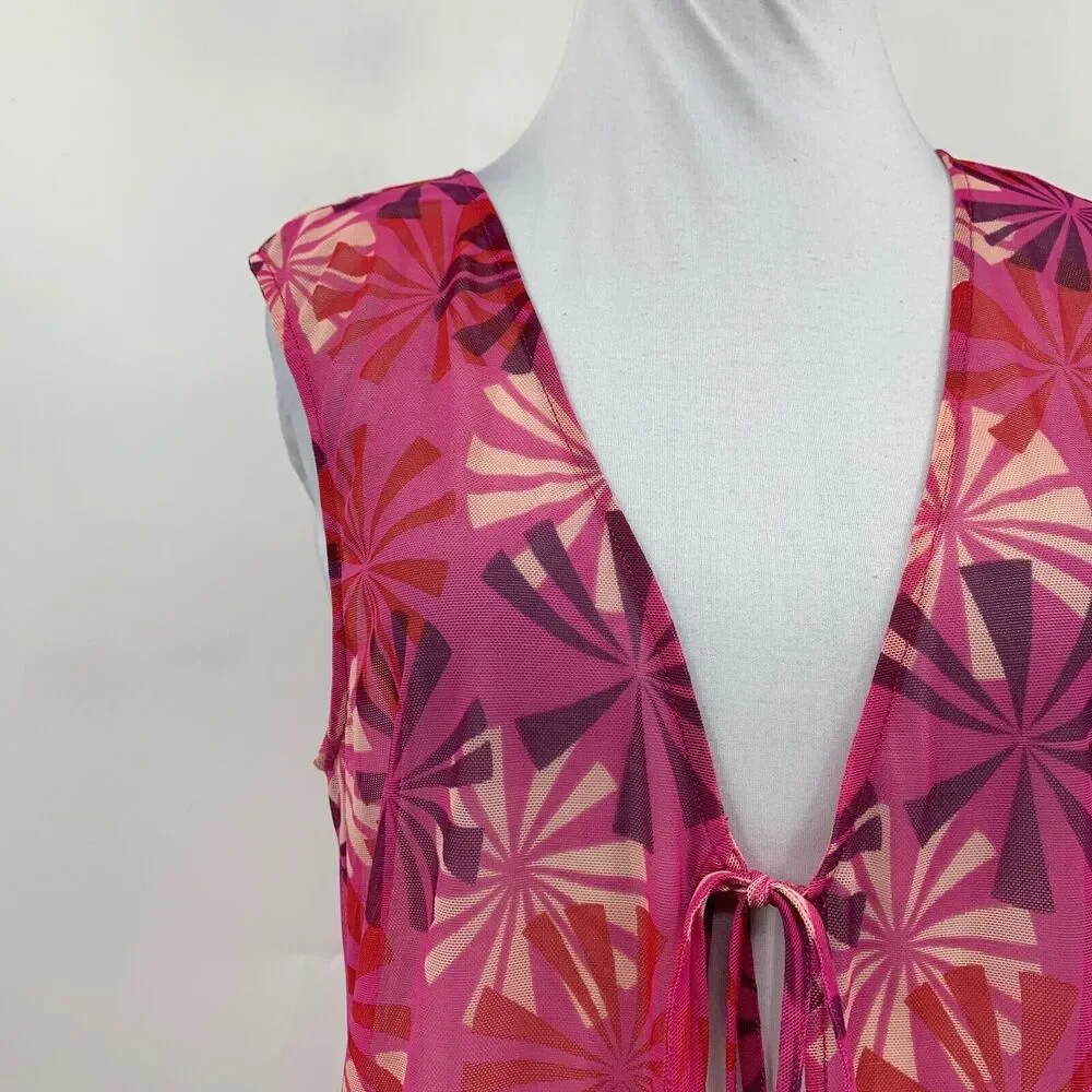 BCBGMaxazria Cover Up Womens M Medium Pink Multi Mesh Sleeveless Beach Tie Front